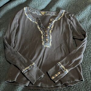 Lucky Brand Embellished Blue Long Sleeve Blouse